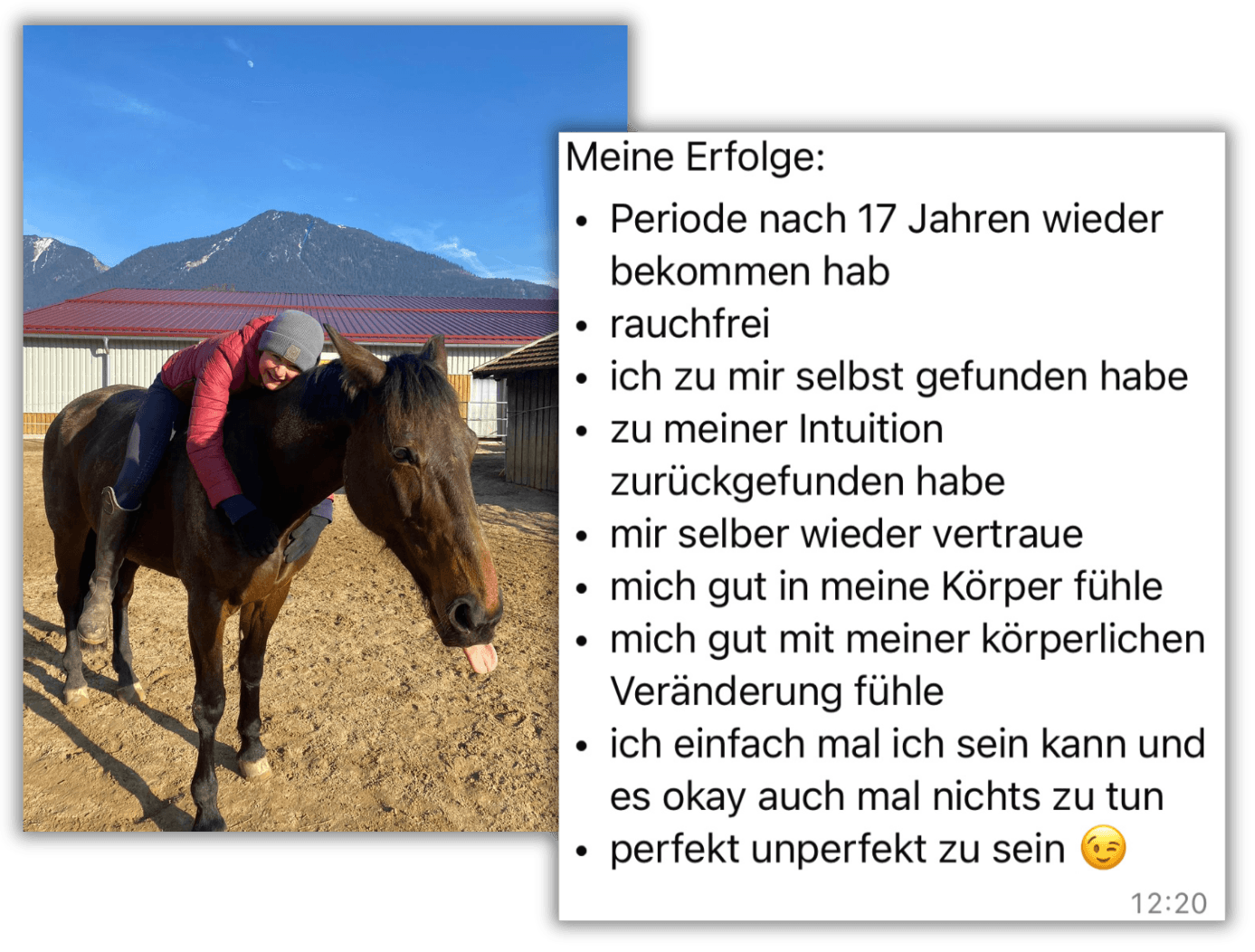 Vroni laughing on her horse in front of the mountains, next to her list “My successes”: period back after 17 years, smoke-free, found herself again