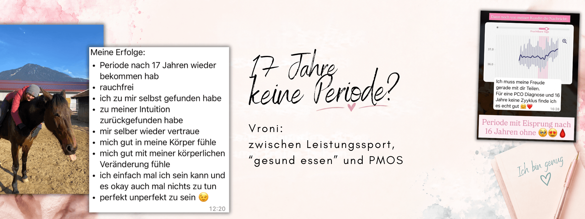 17 years without a period? Vroni between competitive sport, “healthy eating” and PMOS – blog banner with Vroni’s list of successes and her message about her period with ovulation