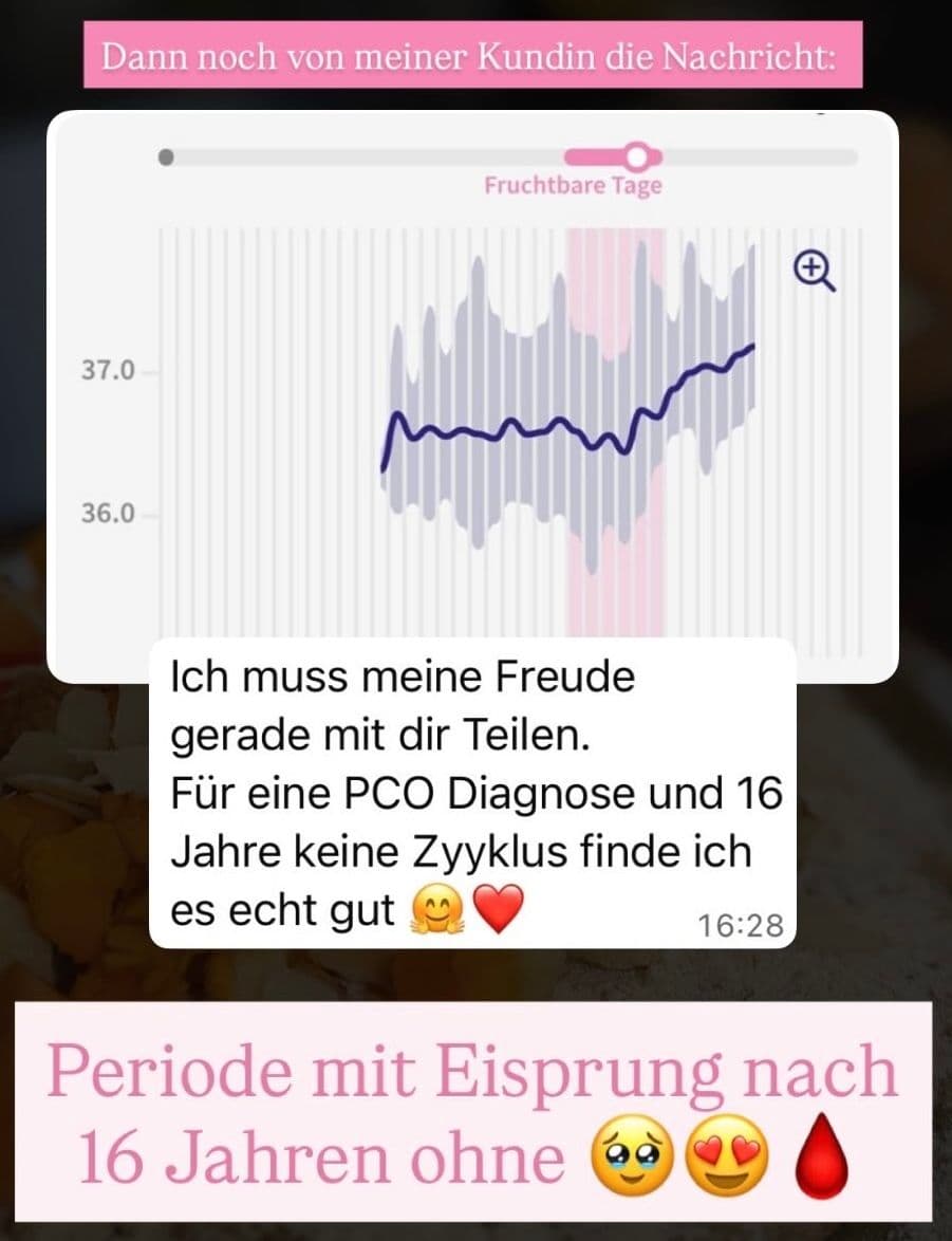 Cycle chart with a temperature rise and Vroni’s message: a period with ovulation after years without a cycle despite a PCO diagnosis
