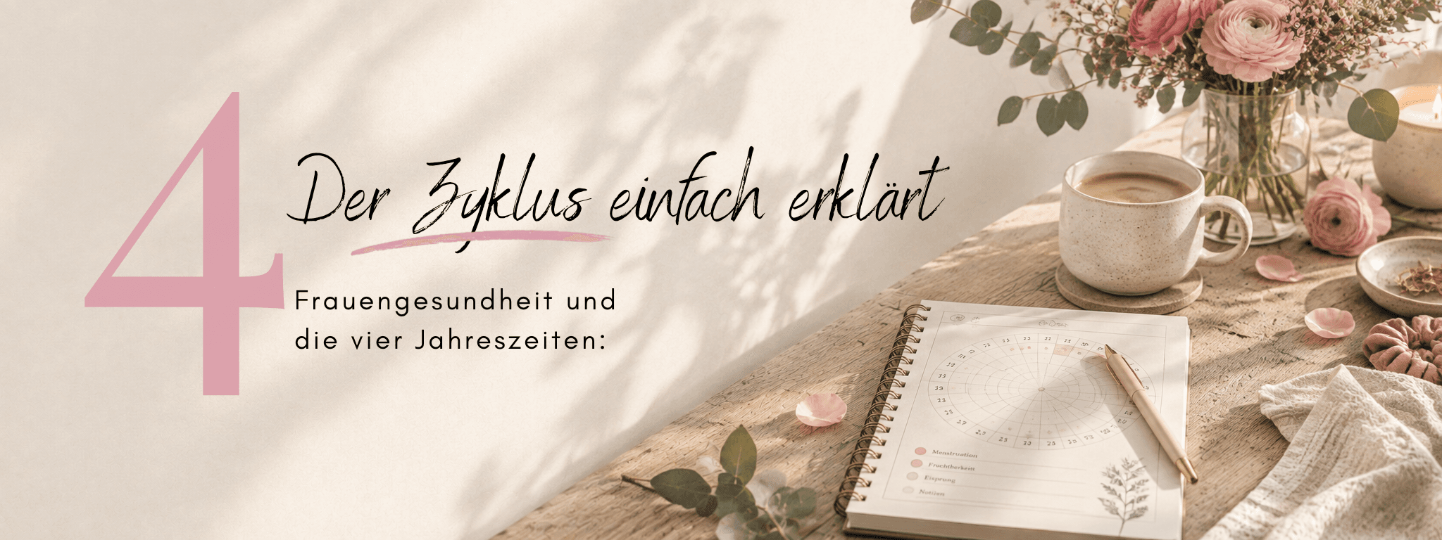 Menstrual cycle simply explained: women’s health and the four seasons – FemBaLina blog banner with a cycle journal, coffee cup and ranunculus flowers