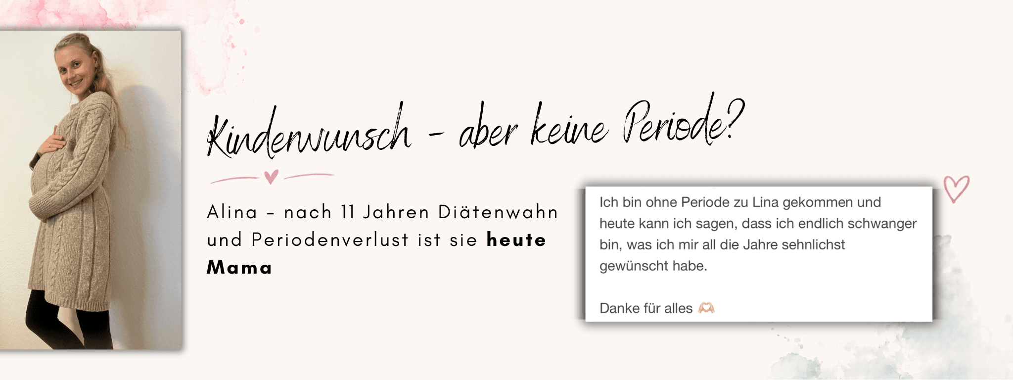 Wanting a baby – but no period? Alina after 11 years of dieting and period loss, now a mum – blog banner with a photo of Alina pregnant and her message: finally pregnant